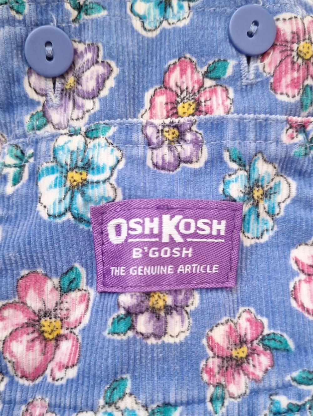 Vintage OshKosh B'gosh Blue Floral Corduroy Overalls Pink and Teal Flowers 12M